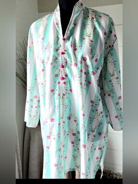 Sana Safinaz S Mint Green Pink Floral Tunic Striped Kurti Boho Top Rickrack Trim